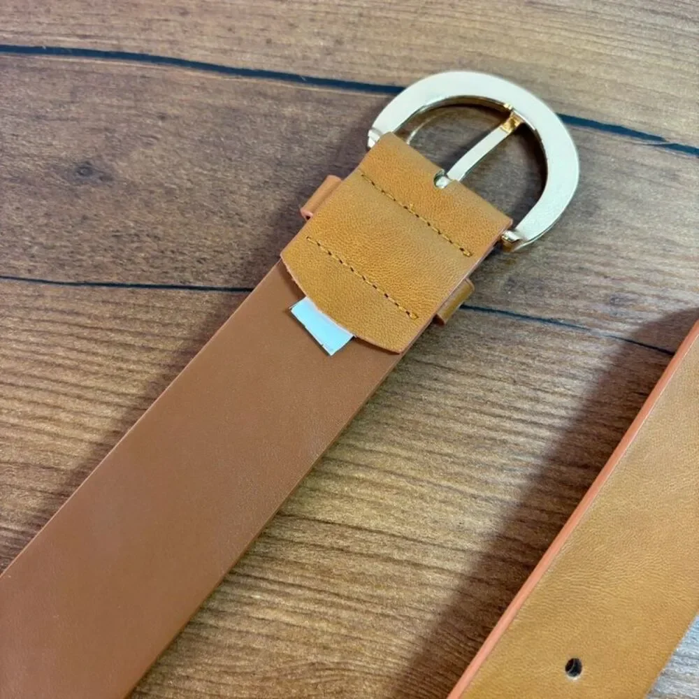Women’s Cognac Tan Faux Leather Wide Belt Gold Oval Buckle Size 3X Plus